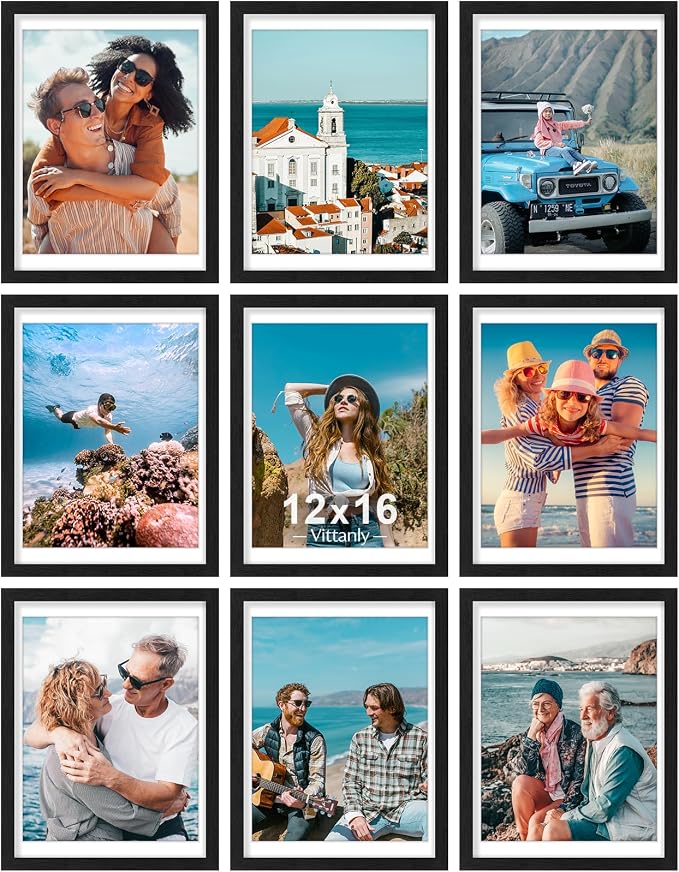 Vittanly 12x16 Picture Frames Set of 9 for Wall Mounting, Black | Display Pictures 11x14 with Mat or 12x16 without Mat, Engineered Wood with Shatter Resistant Plexiglass, Gallery Photo Frames