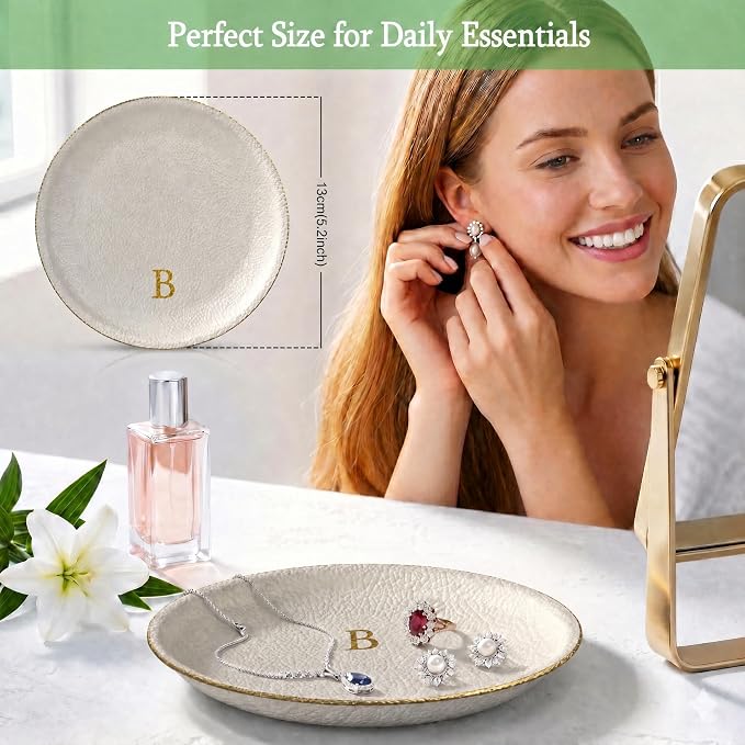 Initial Jewelry Dish for Women, Shatterproof Vegan Leather Ring Holder with Stainless Steel Core, Personalized Monogram Trinket Tray, Birthday Bridesmaid Gift with Box (Cream Letter B)