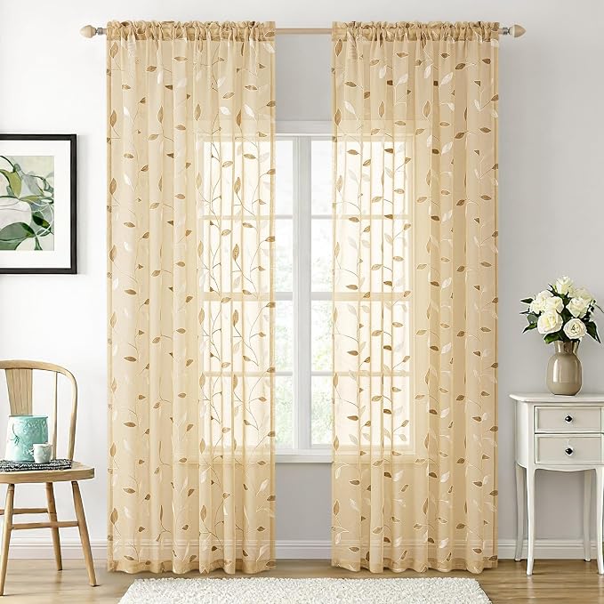 MIULEE Khaki Sheer Curtains 2 Panels Embroidered Leaf Patterned, W52 x L84 | Embroidered Floral Semi Sheer,Rod Pocket,Faux Linen,Short Window Curtains Drapes Set for Kitchen/Bathroom/Cafe