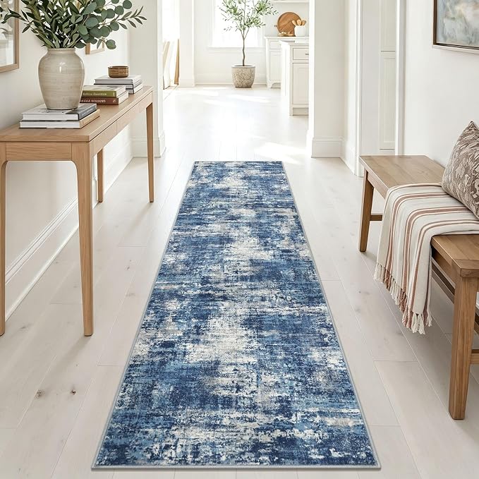 Lansny Abstract Washable 2x8 Runner Rug Runners for Hallways Non Slip | Blue;Thin Printed Faux Wool Entryway Runner Indoor;Hallway Runner Rug;Rubber Backed 8ft Floor Carpet Runners;Bedroom Runners