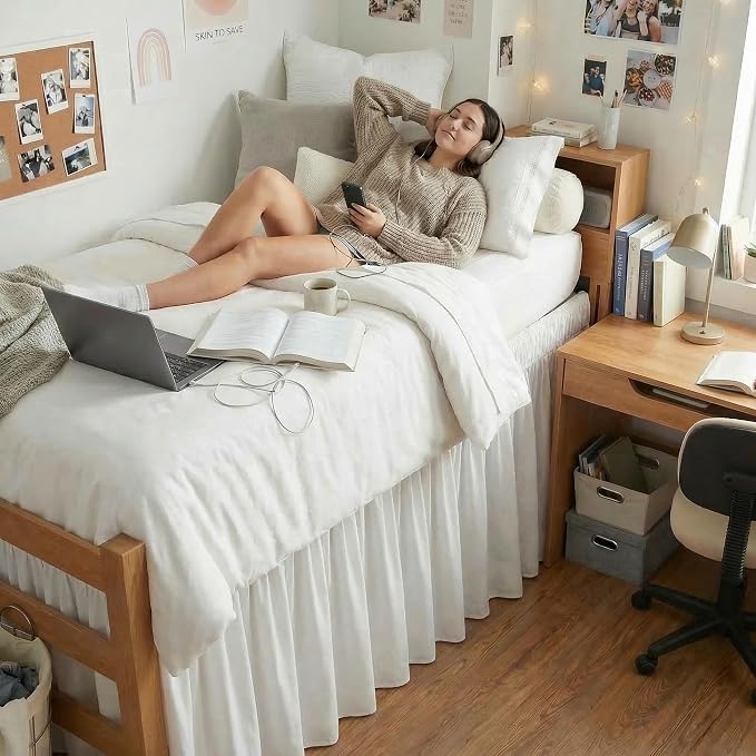 MIYE Dorm Bed Skirt, Extra Long Dust Ruffle with Elastic Adjustable Belts, Easy to Put On, Machine Washable (Classic/White, Twin/TwinXL-36 Drop)