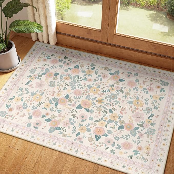 Washable Floral Area Rug for Living Room 2x3 Light Beige | Non-Slip，Vacuum-Friendly, Low Pile, Flower Carpet for Bedroom Kitchen Entryway Dining Room Office Nursery