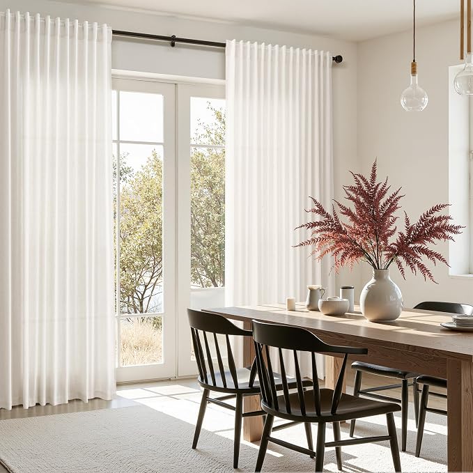Extra Wide Beige White Curtains for Living Room 90 Inches Long Semi Sheer Curtain for Coastal Room Decor Linen Farmhouse Drapes for Bedroom Back Tab and Rod Pocket 100x90, 2 Panels