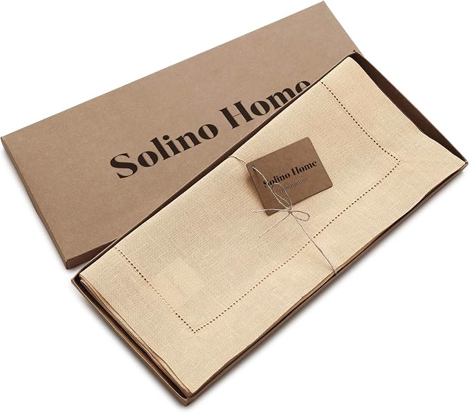 Solino Home 100% Linen Table Runner Beige, Classic Hemstitch 14 x 120 in | a graceful centrepiece for dining and gatherings, hemstitched border, mitered corners, machine washable, OEKO-TEX Certified