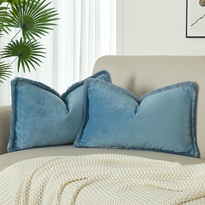 JUSPURBET Aqua Decorative Lumbar Velvet Fringe Throw Pillow Covers 12x20 Set of 2 Boho Soft Cushion Case for Home Decor Living Room Couch Sofa Bed