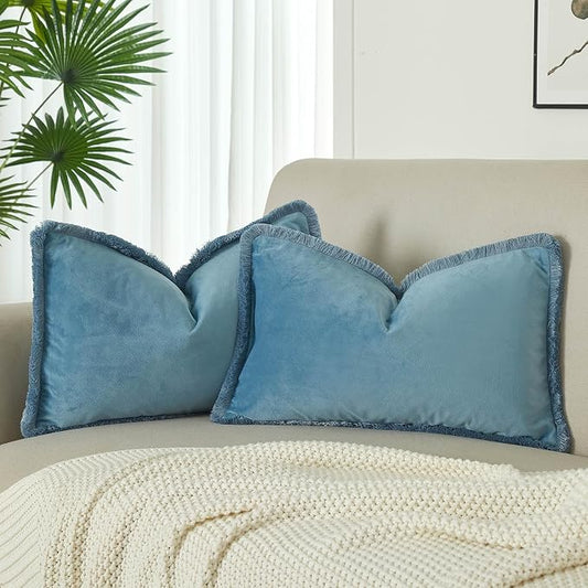 JUSPURBET Aqua Decorative Velvet Fringe Throw Pillow Covers 16x24 Set of 2 Boho Soft Cushion Case for Home Decor Living Room Couch Sofa Bed