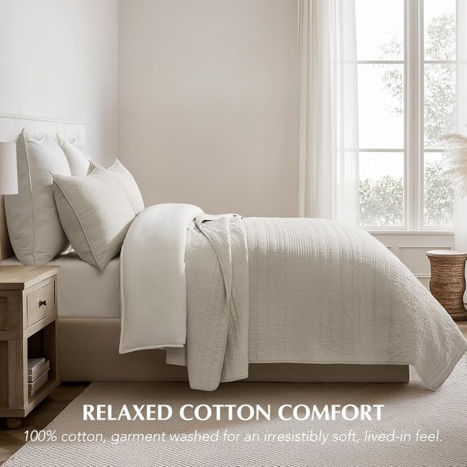 EVERGRACEHOME 100% Cotton Quilt Set Oversized Cal King, Birch | Pre-Washed Soft Cotton, Striped Coverlet Bedspread, 3 Piece Lightweight Bedding Set for All Season, with 2 Pillow Shams