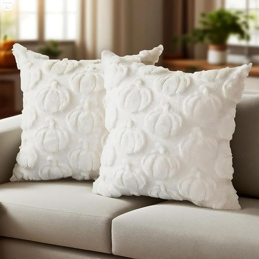 Fall Decorations for Home,Cream White Fall Pumpkin Decorative Throw Pillow Covers 18x18 Set of 2,Faux Fur Square Pillow Cover Thanksgiving Pillow Case Decorations for Home Sofa Couch