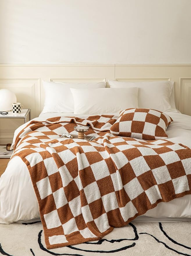 Ultra-Soft Buffalo Checkerboard Grid Fluffy Microfiber Knitted Throw Blanket Super Cozy Lightweight Checkered Bed Blanket for Sofa Couch Bed Khaki 51"X63"