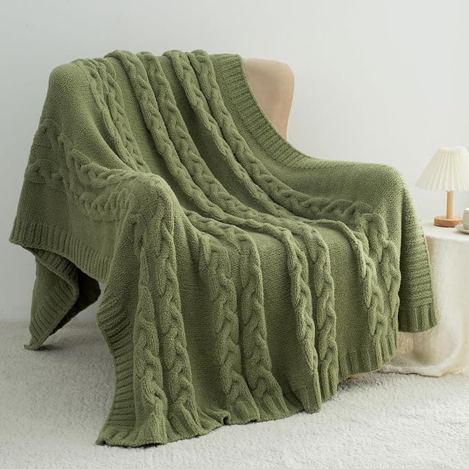 Chunky Knit Blanket Super Soft Cable Fluffy Microfiber Cozy Warm Winter Blankets for Couch Sofa Bed Twin Size 60"X80" Olive Green