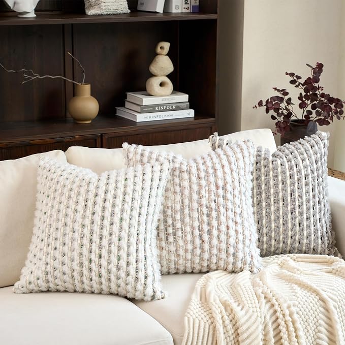 Aeckself Handmade Boho Chenille Tufted Pillow Cover 18x18 Inch, Decorative Square Throw Pillow Cover Neutral Pillowcase for Couch Bedroom Living Room, Grey White
