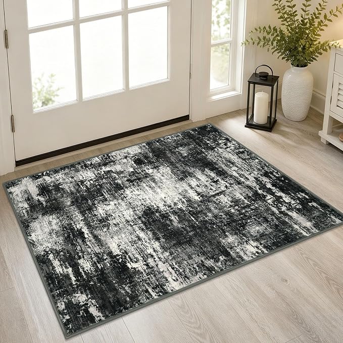 Lansny Abstract Washable Entryway Rug 2x3 Area Rug Small Non Slip Door Mat | Charcoal Black;Thin Printed Faux Wool Kitchen Rugs;Indoor Front Door Rug;Entry Rug;Throw Rugs for Foyer,Entrance;Floor Carpet