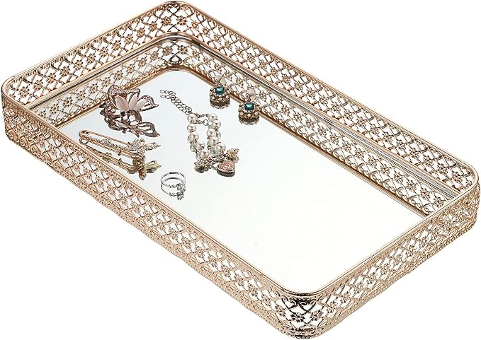 ELLDOO Gold Mirror Glass Perfume & Makeup Vanity Tray, Large Size