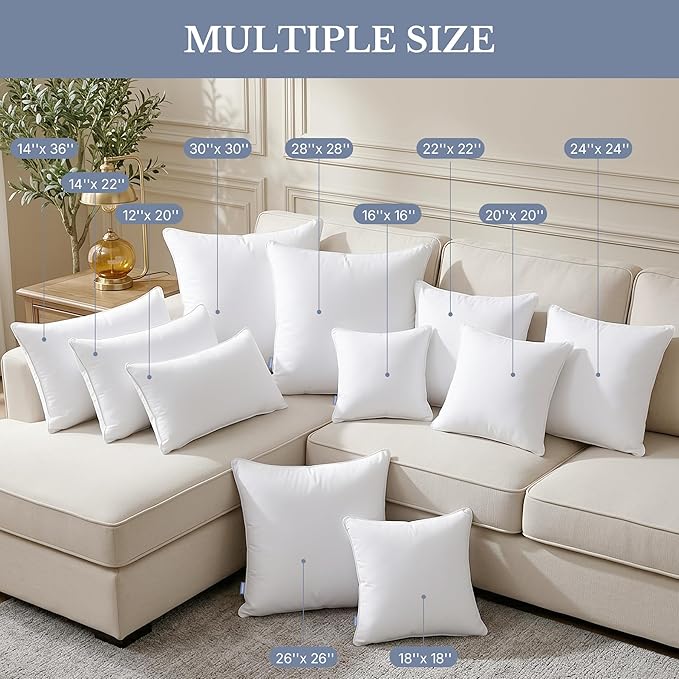 Leeden 28 x 28 Pillow Inserts (Set of 2) - Throw Pillow Inters with 100% Cotton Cover - 28 Inch Square Decorative Pillows for Sofa, Couch, Bed and Home Decor