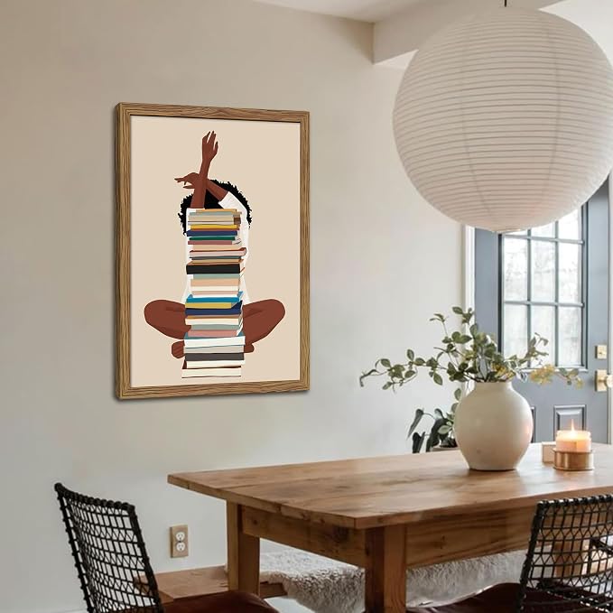 AKWISH Wood Framed Black Girl Canvas Wall Art – African American Wall Decor, Modern Black Woman with Book Art for Bedroom Living Room – 36x24 inch