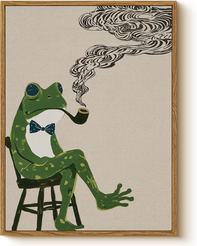 WHASAYART Funny Frog Canvas Wall Art, 12x16 Framed Vintage Animal Painting, Whimsical Frog Pipe with Bow Tie, Retro Surreal Wall Decor for Living Room Bedroom Office Bar Home