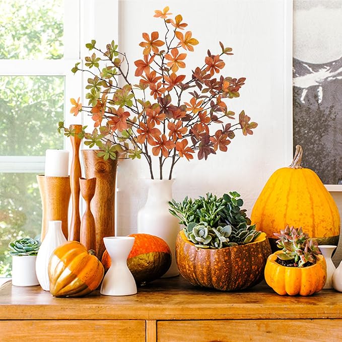 6 Pcs Fall Faux Greenery Stems, Artificial Fall Stem Branches Autumn Leaves with Stems Faux Fall Plants for Vase Home Festival Centerpieces Thanksgiving Fall Decor
