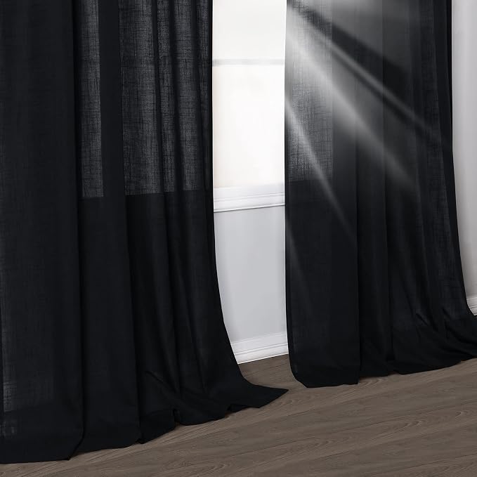 Black Linen Curtains 108 Inch Length for Living Room Bedroom 2 Panels Set Rod Pocket Light Filtering Semi Sheer Window Curtains 52 Inch Width Boho Farmhouse Linen Drapes, W52xL108