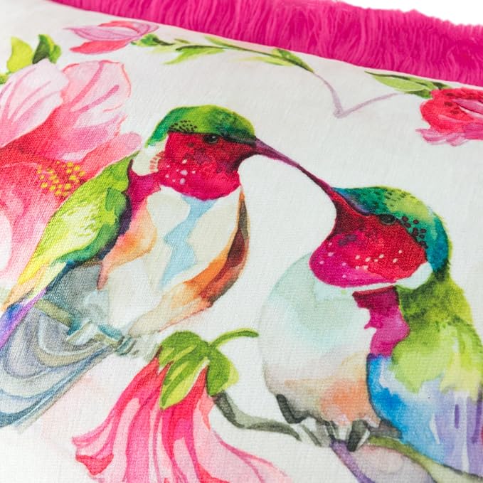 JWH Hot Pink Flower Print Pillow Cover Decorative Love Birds Accent Cushion Lumbar Pillowcase with Hummingbirds and Fringe for Home Couch Car Bed Living Room Chair 14x20 Inches Beige