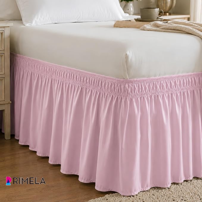 Dusty Pink Bed Skirt Queen Size 15" Drop, Elastic Wrap Around Bedskirt | Solid Ruffled, Easy to Use, No Mattress Lifting, Wrinkle & Fade Resistant, with Adhesive Strips, Machine Wash/Dry/Iron