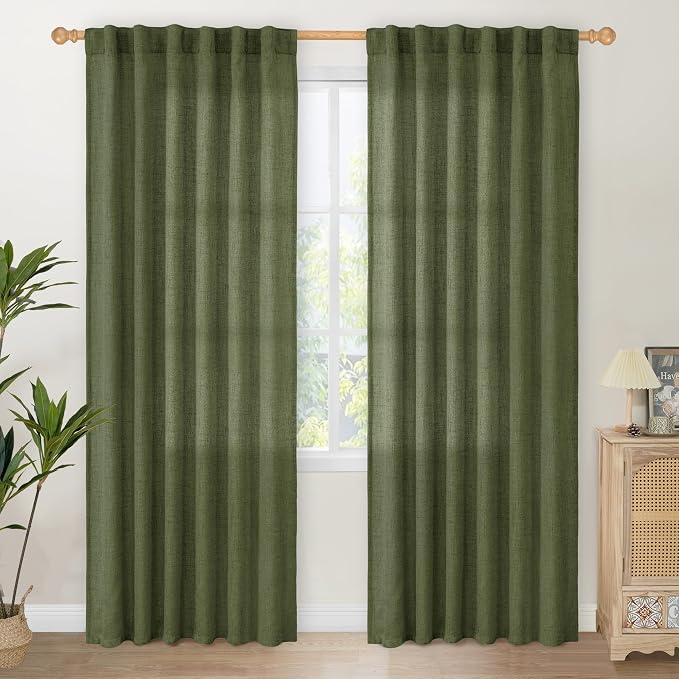 YoungsTex Olive Green Linen Curtains 80 Inch Length for Living Room, Semi Sheer Window Drapes with Rod Pocket Back Tab Light Filtering Decorative for Office Bedroom, 2 Panels, 52 X 80 Inch