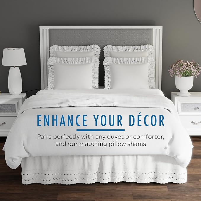 Fresh Ideas Eyelet Bed Skirt, Ruffled Design, 14 Inch Drop, Embroidered Scalloped Edge, Queen, White