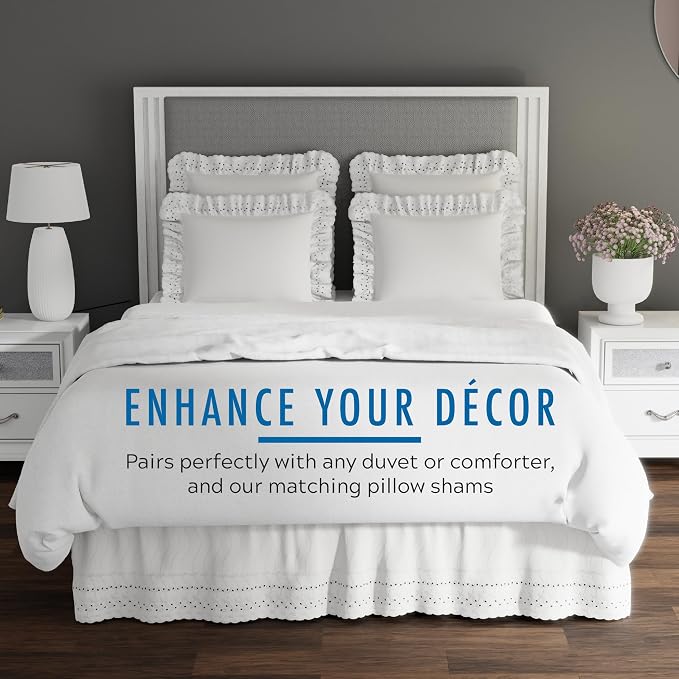 Fresh Ideas Eyelet Bed Skirt, Ruffled Design, 14 Inch Drop, Embroidered Scalloped Edge, King, White