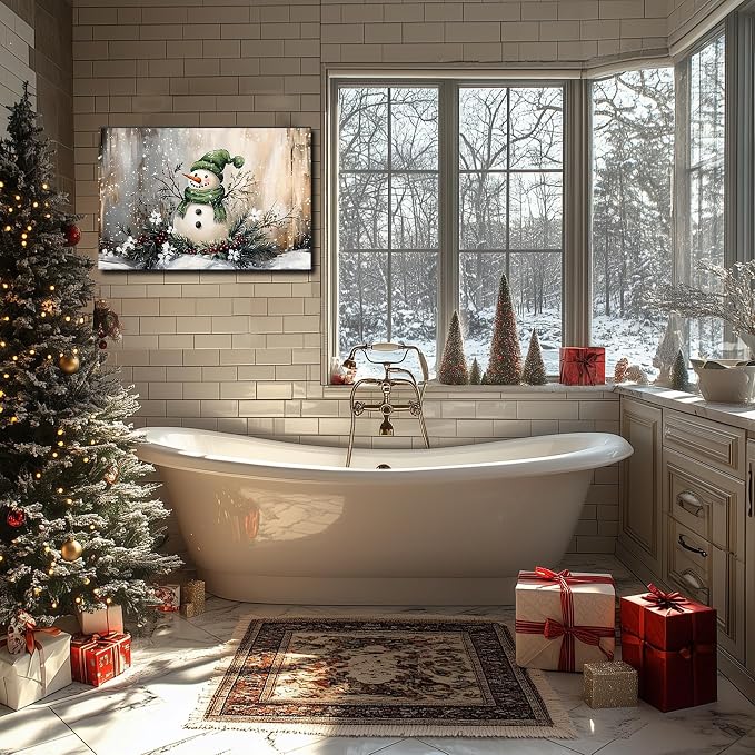 Vintage Christmas Snowman Canvas Art 20x30inch, Festive Wall Art with Snowmen in Winter Scene Paintings, Framed Winter Wonderland Decorations, Perfect for Christmas Room Decor