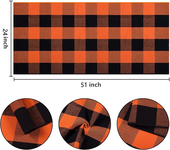Orange and Black Outdoor Rug 24''x51''Fall Front Porch Rug Cotton Woven Washable Checkered Door Mat Outdoor for Layered Doormat Halloween Kitchen Farmhouse Entryway