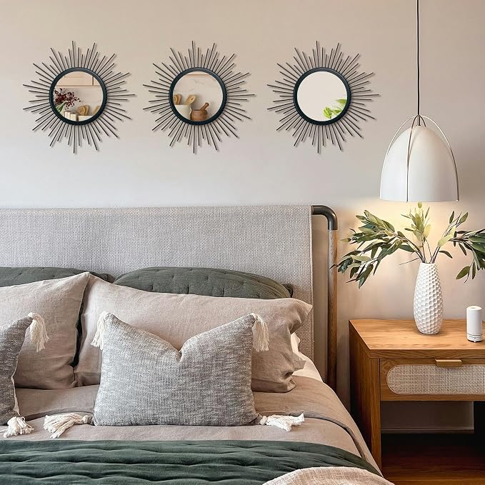 3 Set Sunburst Mirrors for Wall Decor Living Room Bedroom Bathroom Dining Room Metal Boho Sunburst Wall Mirror Set Gold Metal Vintage Circle Art Pack - Black 11.8 in