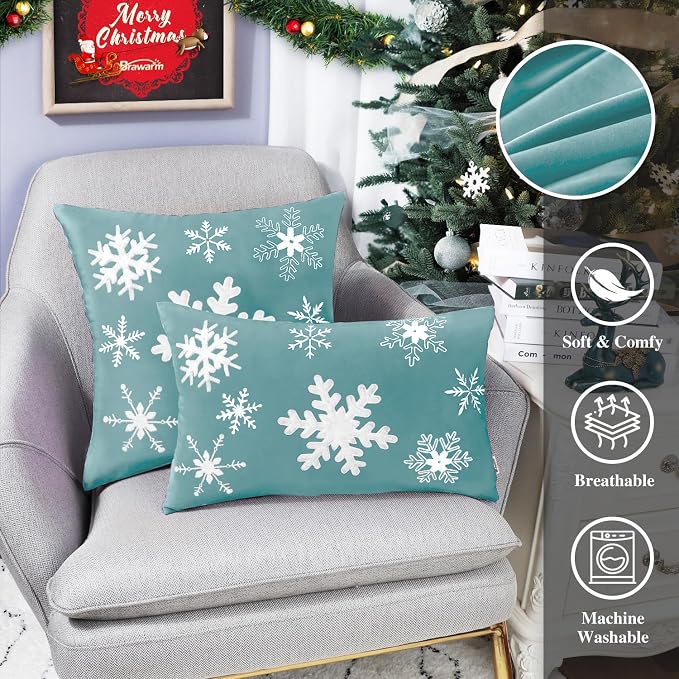 BRAWARM Christmas Pillow Cover 18 X 18 Inches, Teal Snowflake Embroidered Pillow Cover, Soft Velvet Decorative Throw Pillow for Couch Bed Sofa Living Room Home
