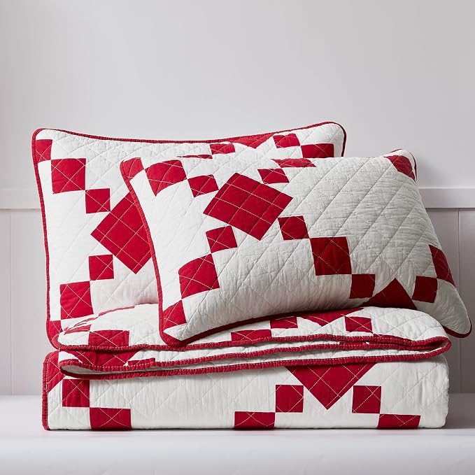 WDCOZY 100% Cotton Quilt California Cal King Size, Oversized Lightweight Reversible Gingham Patchwork Bedding Set with 2 Pillow Shams, Red Block Pattern Farmhouse Rustic Bedspread Coverlet All Season