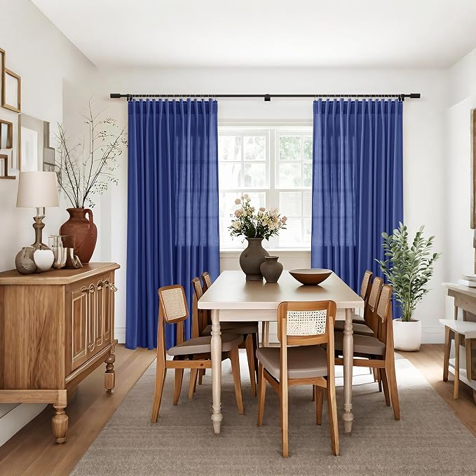 Jowels Classic Blue Linen Curtains 84 Inch Long 2 Panels for Living Room | Light Filtering Semi Sheer Curtain, Back Tab Pocket Pleated Look, Boho Farmhouse Textured Privacy Drapes for Bedroom Window