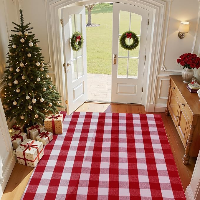 Christmas Buffalo Plaid Rug 5x7 Ft, Red White Indoor Outdoor Rug | Cotton Blend, Hand-Woven Look, Machine Washable, Layering Rug, Porch Entryway Decor