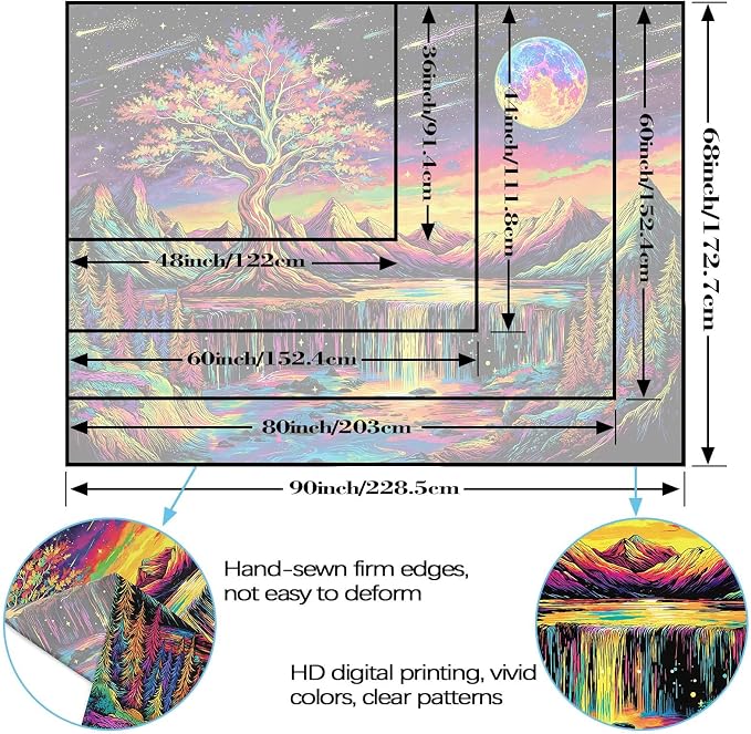 Zussun Blacklight Tree of Life Tapestry UV Reactive Moon Mountain Forest Waterfull Tapestry for Bedroom Aesthetic Nature Large Tapestries Wall Hanging for Dorm Living Room Decor 80 x 60 Inch