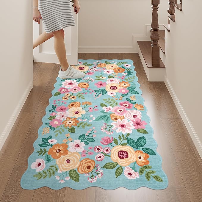 DUKINO 2x4 Rug for Entryway, Floral Washable Kitchen Rugs Non Slip, Teal | Soft, Low Pile, Stain Resistant Throw Runner Rug for Hallway, Bedroom, Bathroom, Laundry, Pet Friendly, Modern Home Decor