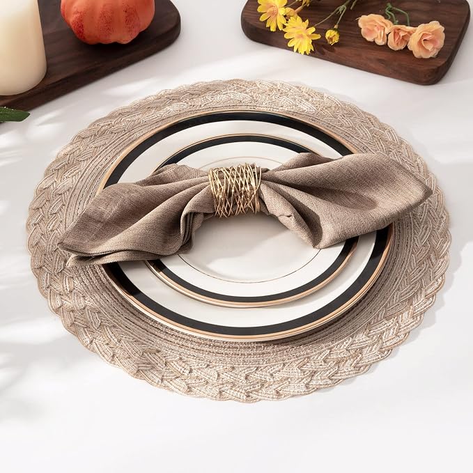 SHACOS Round Placemats Set of 4 Boho Braided Border 15 inch Circle Place Mats Washable Fabric Table Mats for Kitchen Dining Table, Beige (Pack of 2)