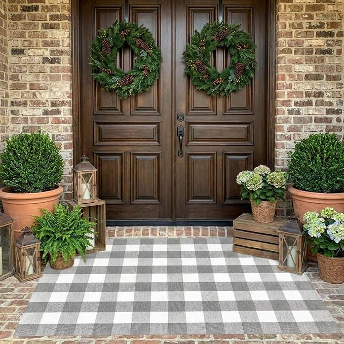 Buffalo Plaid Outdoor Rug 4x6 Ft Gray and White Checkered Area Rug Washable Indoor Outdoor Rugs for Entryway,Hallway, Kitchen, Living Room, Dining Room, Bedroom