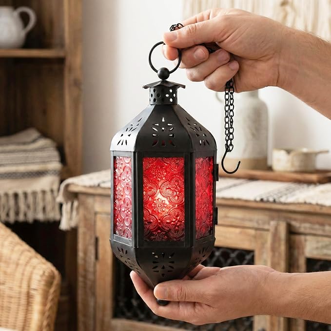 Vela Lanterns Hanging Moroccan Lamp - Exotic Decorative Patio & Porch Decor, Indoor Outdoor Tea Light Candle Lantern Holder with Chain (11" Medium, Red Glass)