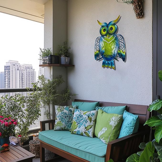 LIFFY Cute Metal Owl Wall Decor - Unique Outdoor Wall Art Decoration - Glass Hanging Wall Owl Decor Brighten Up Patio, Porch or Door, Garden Decoration, Birthday Gift Ideas
