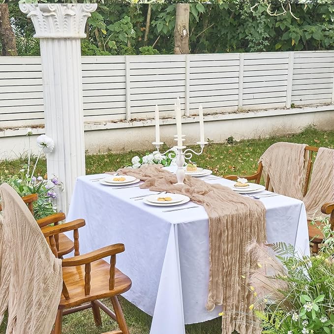 IVAPUPU Nude Table Runner 120 Inches for Wedding Birthday Party Home Decor | 2 Pcs Boho Gauze 10FT Cheesecloth Table Runners for Baby Shower Decorations Summer Garden Farmhouse
