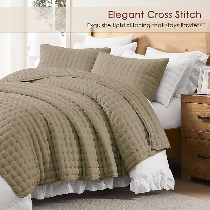 WDCOZY Queen Size Quilts Bedding Sets with 2 Pillow Shams, Lightweight Soft Bedspread Coverlet, Quilted Blanket Thin Comforter Bed Cover for All Season, 3 Pieces, 90x90 inches, Taupe