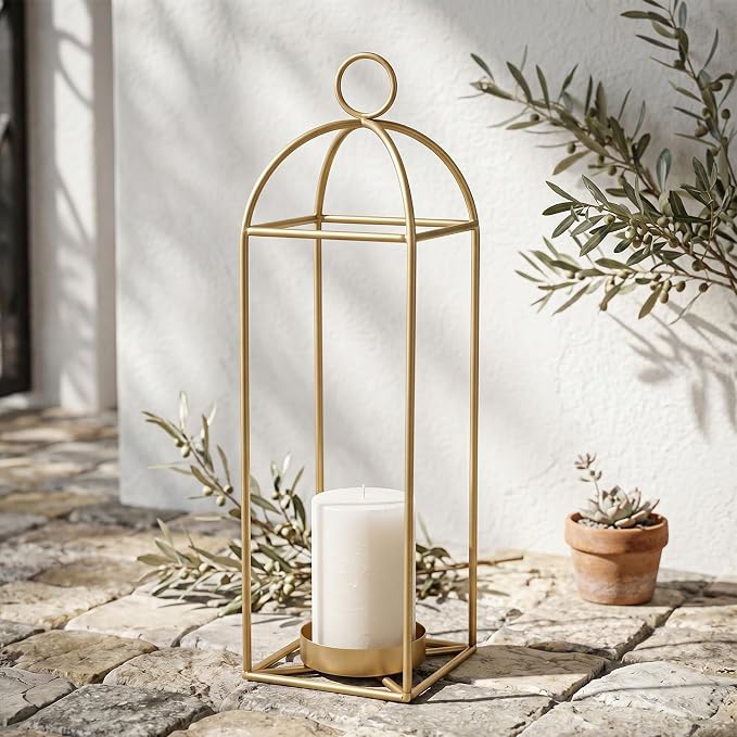 22.2" Outdoor Decorative Lanterns, Metal Candle Lanterns, Farmhouse Lantern Decor, Antique Gold Iron Lantern Candle Holders for Fireplace Mantel, Table Centerpiece,Home Decor
