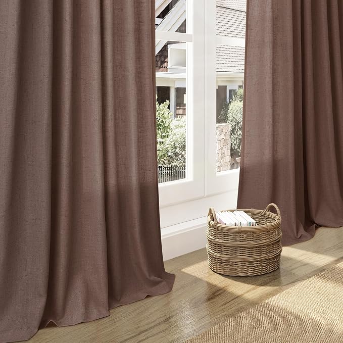 Mocha Mousse Curtains 90 Inch Length 2 Panel Set Back Tab Rod Pocket Linen Boho Semi Sheer Light Filtering Neutral Farmhouse Decor for Living Room and Bedroom 52x90