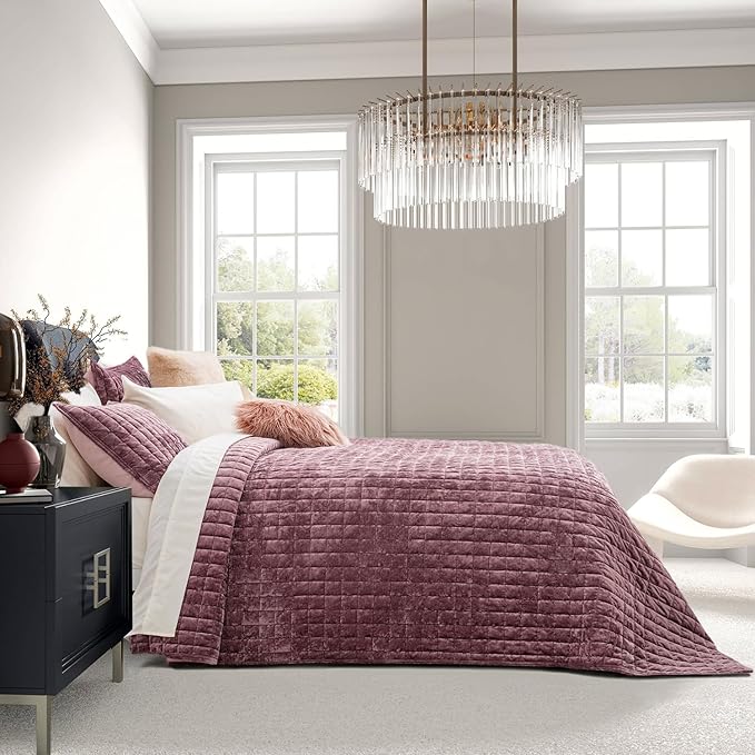 RECYCO Channel Box Stitch Velvet Quilt Set, Twin Size, Dusty Mauve Pink | Ultra Soft Lightweight Velvet Comforter, Luxury Oversized Bedspread Coverlet, Quilted Bedding Set for All Season with 1 Sham