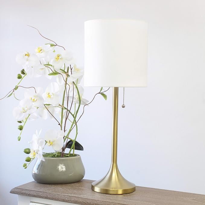Simple Designs LT1076-GDW Tapered Fabric Drum Shade Table Lamp, Gold and White, 8 x 8 x 21