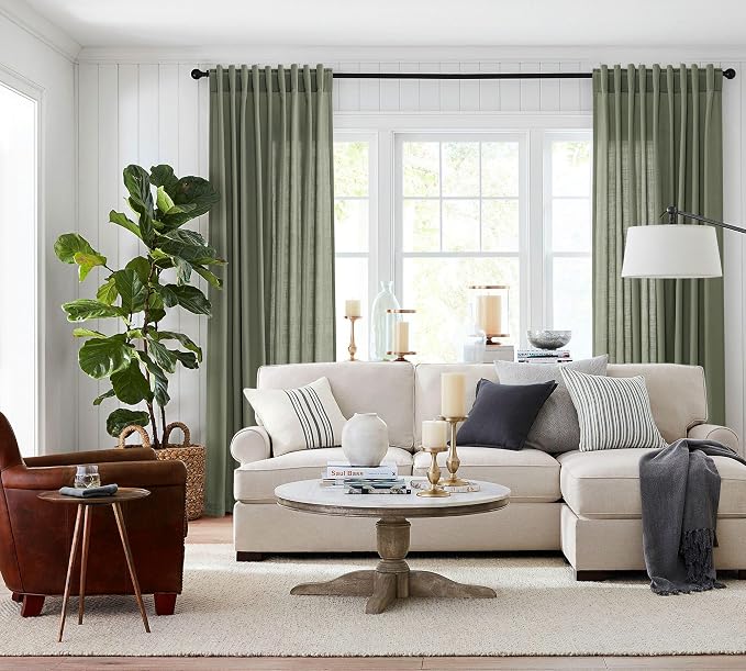 Jowels Loden Green Linen Curtains 96 Inch Long 2 Panels for Living Room | Olive Green Light Filtering Sheer Curtain,Back Tab Pocket Pleated Look, Farmhouse Textured Privacy Drapes for Bedroom Window