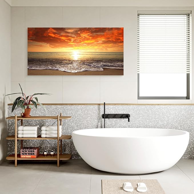 Baisuart-S0198 Canvas Prints Wall Art Sunset Ocean Beach Pictures Photo Paintings for Living Room Bedroom Home Decorations Modern Stretched and Framed Seascape Waves Landscape Giclee Artwork
