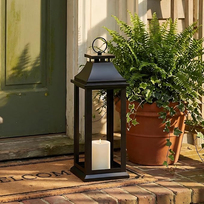 Modern Farmhouse Black Lantern Candle Holder – 18” Hanging Decorative Lantern for Indoor & Outdoor Home Décor – Ideal for Parties, Weddings, Porches, and Events (No Glass Panel), Size Medium