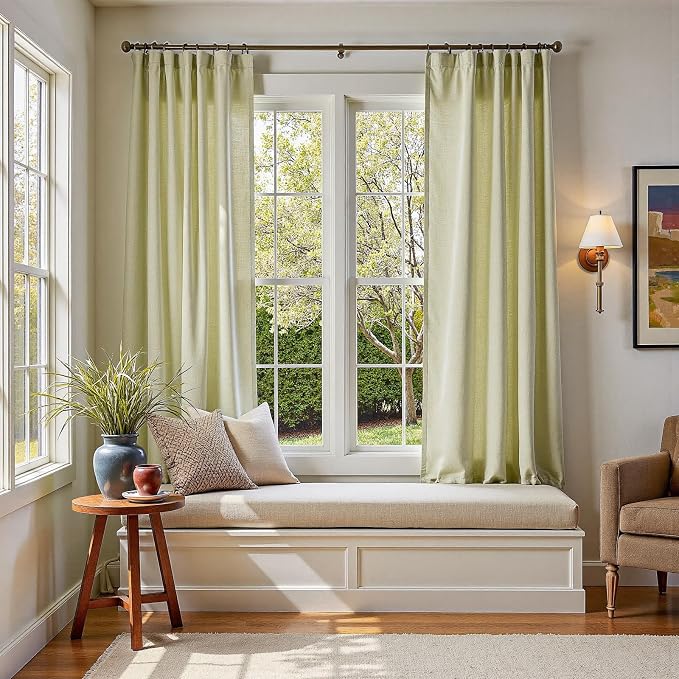 jinchan Linen Curtains Light Filtering Back Tab 50x72 Inch 2 Panels Green | Semi Sheer Curtains 72 inch length for Bedroom Living Room, Modern Farmhouse Drapes with Rod Pocket, Natural Boho Curtains